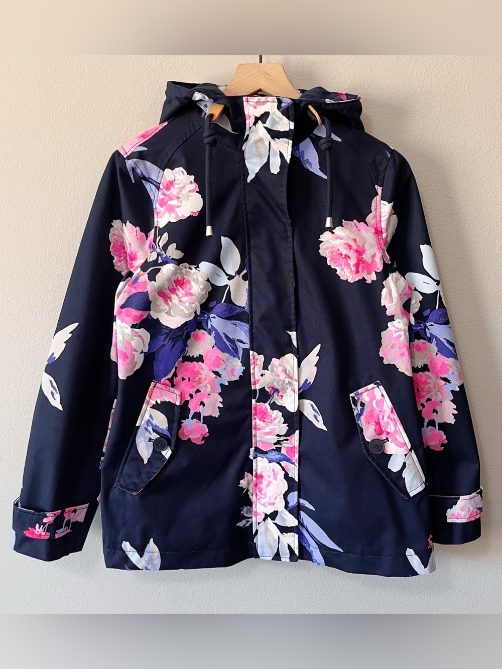 Joules Women's Size 6 Coast Print Waterproof Rain Jacket French Navy Blue Bloom